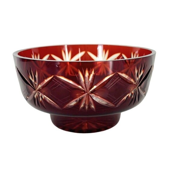 VTG Faberge Ruby Red To Clear Diamond Cut Crystal Starburst Atomic Pedestal Bowl - Picture 1 of 13